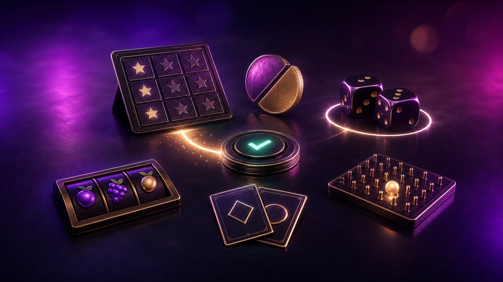 A glowing choice path leading to a scratch card, coin, dice, plinko board, playing cards and fruit reels in a dark arcade.