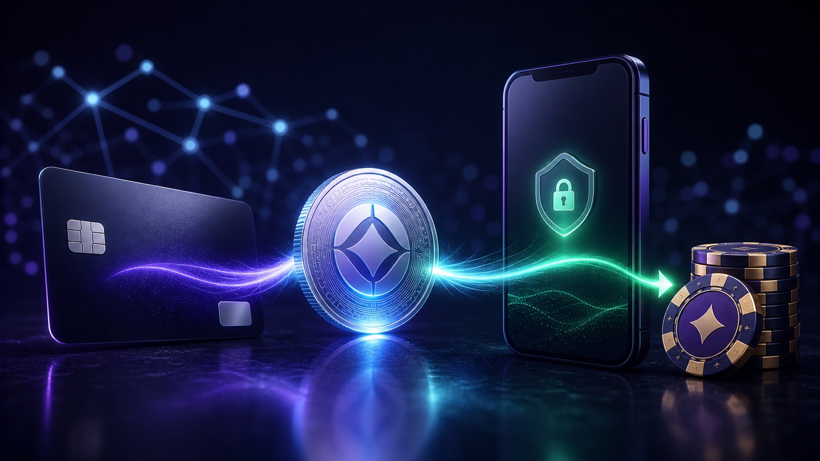 A payment card, digital coin and secure mobile wallet connected by light beside casino chips.