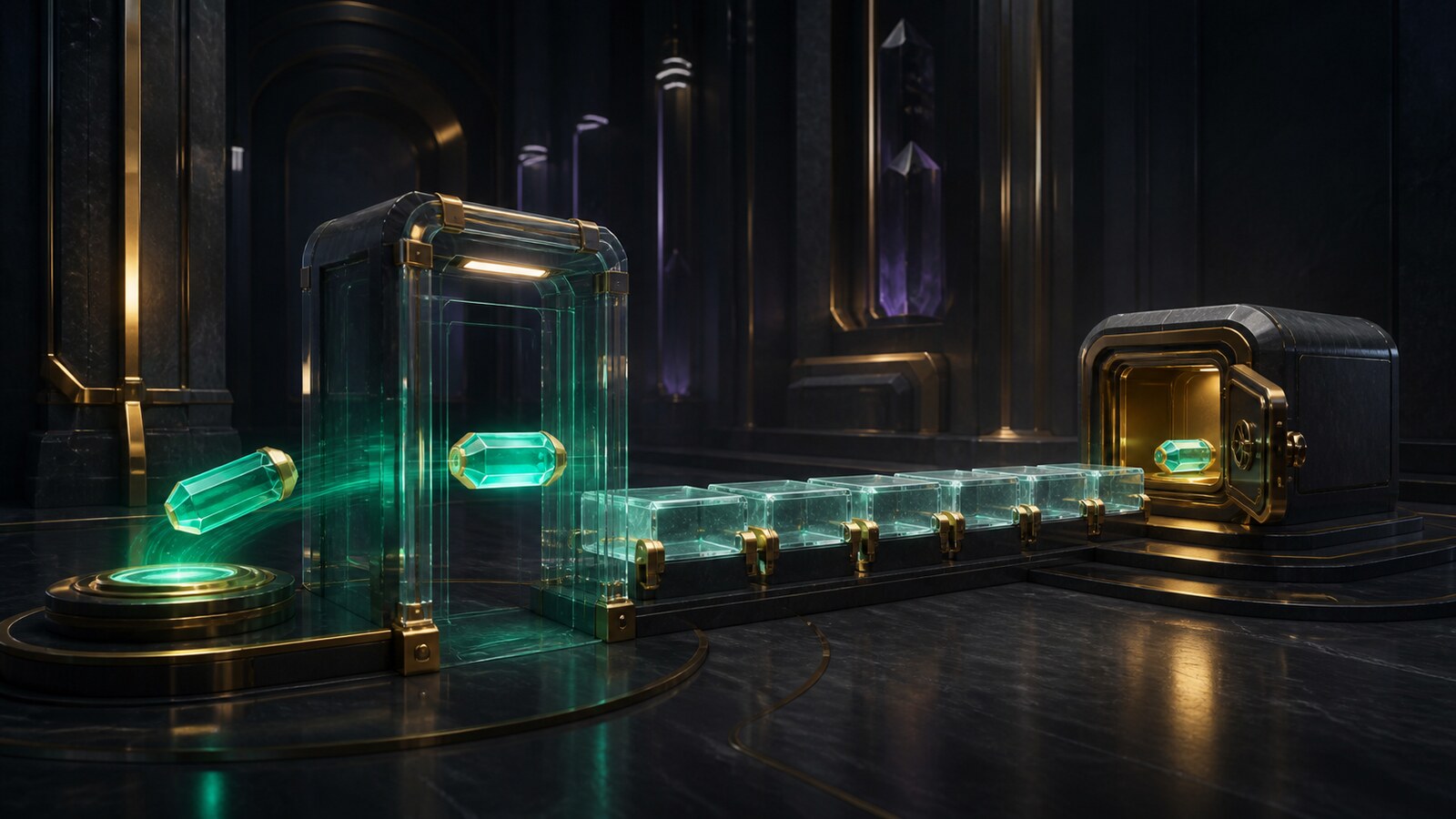 Capsule di asset brillanti passano attraverso un cancello di revisione sicuro prima di attraversare un ponte blockchain verso un caveau del wallet.