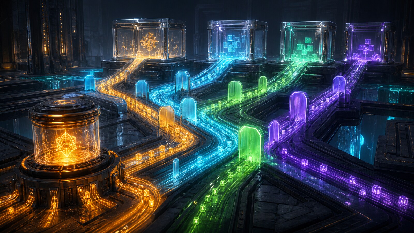 Des voies de transaction lumineuses traversent un carrefour de réseau animé où les portes énergétiques montent et descendent selon la demande.