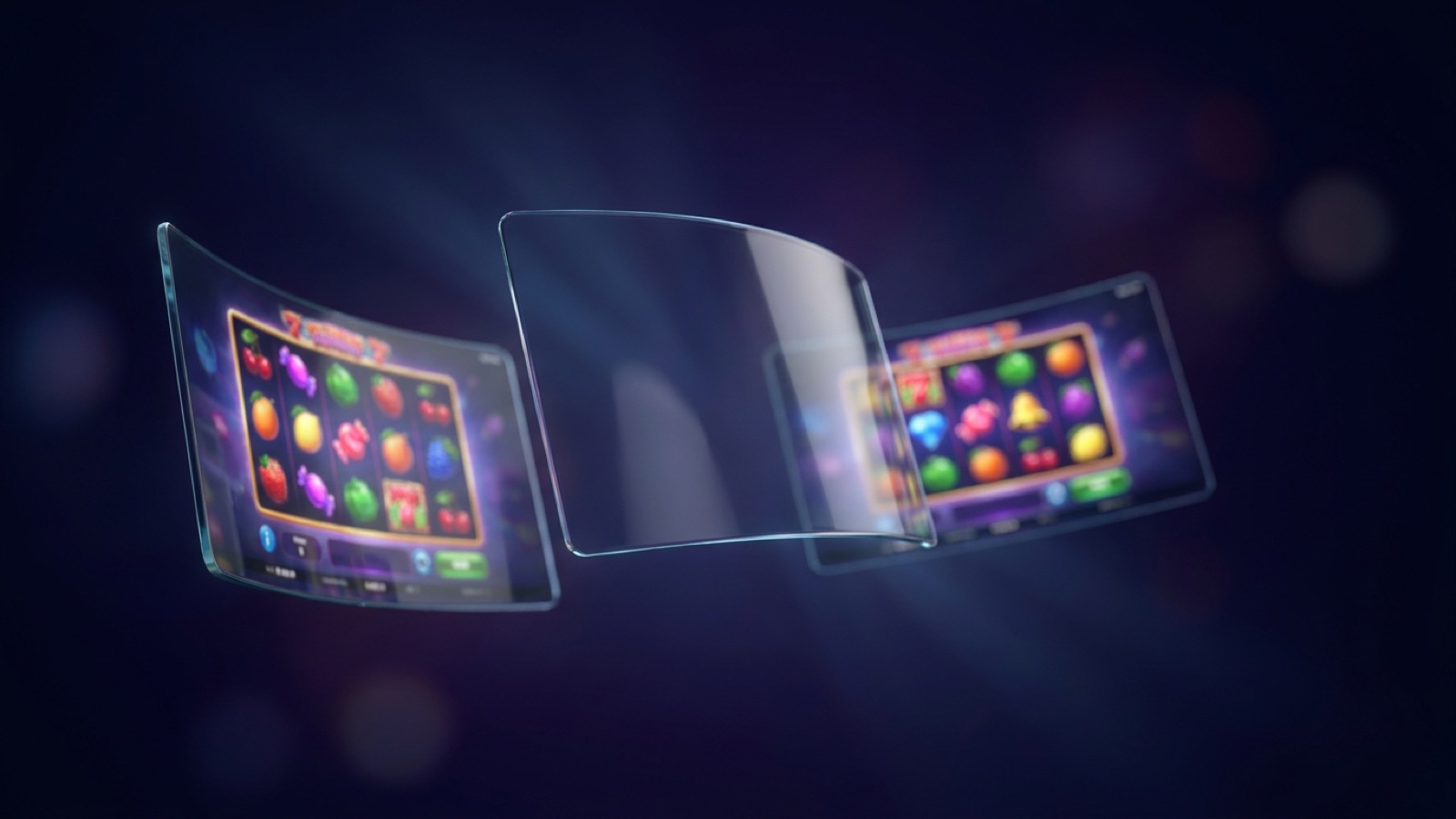 Several colorful online slot game screens glowing on dark glass panels.