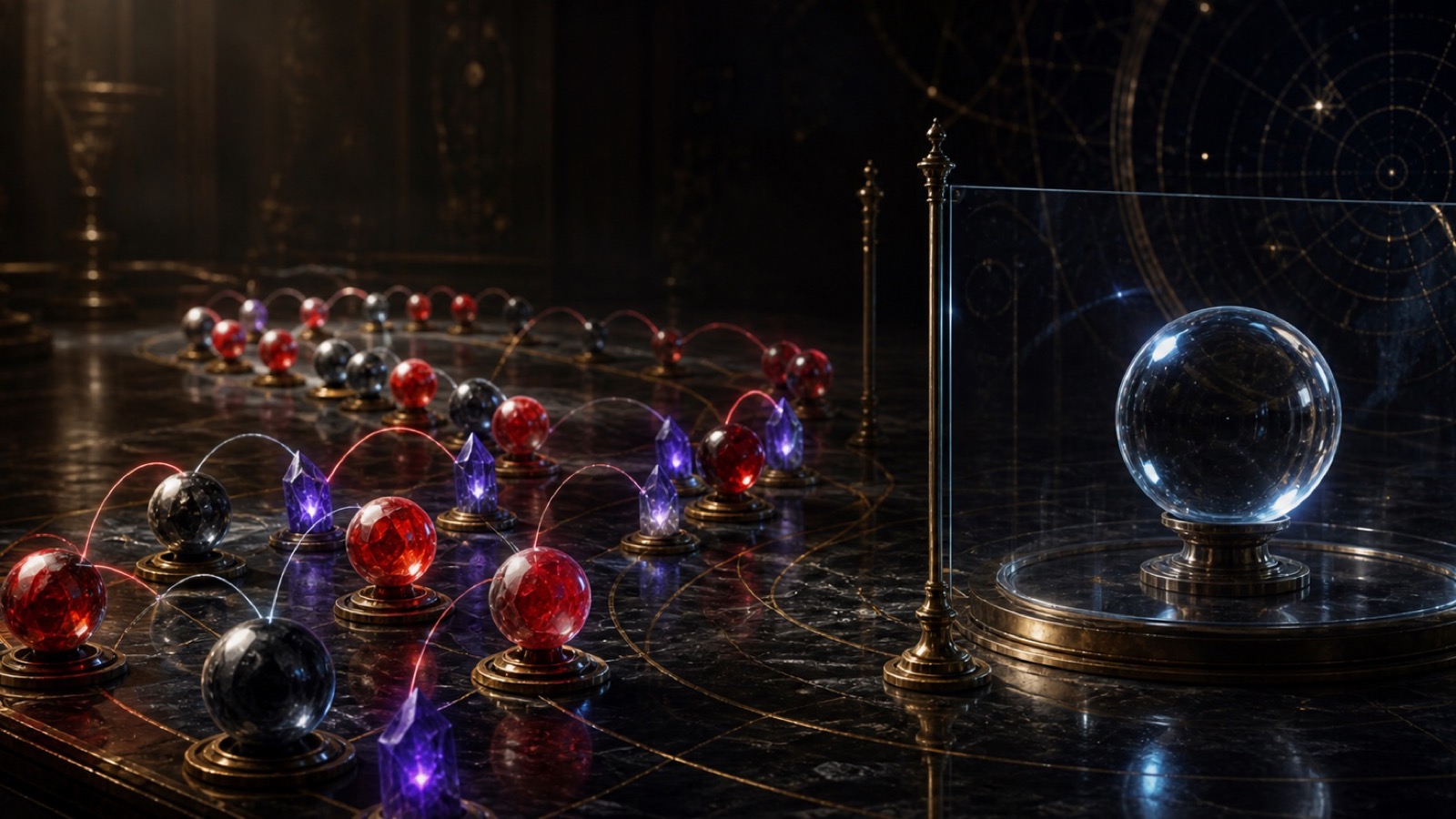 Un patrón de resultados rojos y negros ya completados se detiene ante una esfera de cristal aislada y aún sin resolver.
