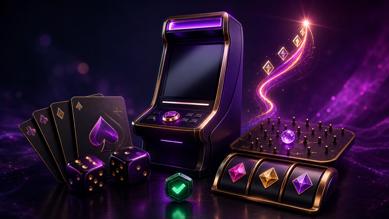 A dark arcade cabinet surrounded by playing cards, dice, a plinko board, jewel reels and a green verification light.