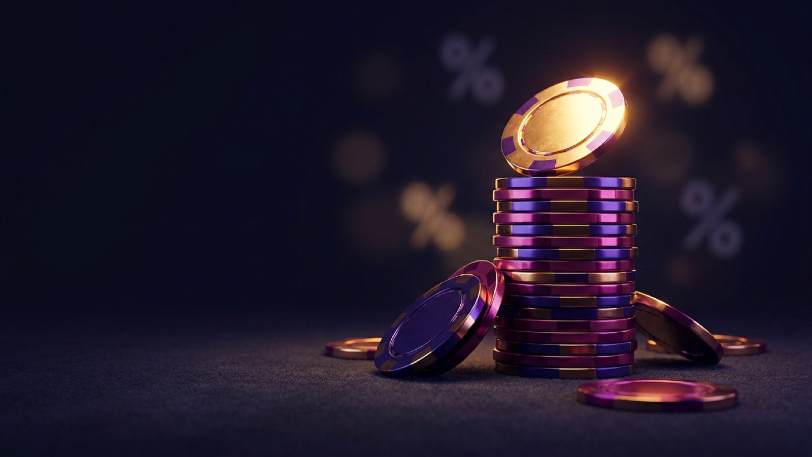 Glowing casino chips and a percentage symbol on dark felt, illustrating house edge and RTP.