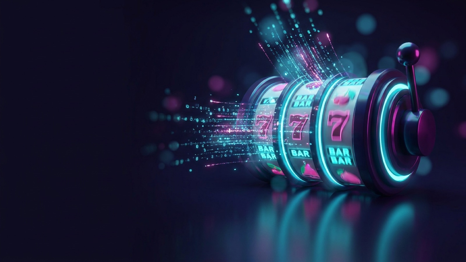Abstract streams of glowing numbers flowing into a slot reel, representing a random number generator.