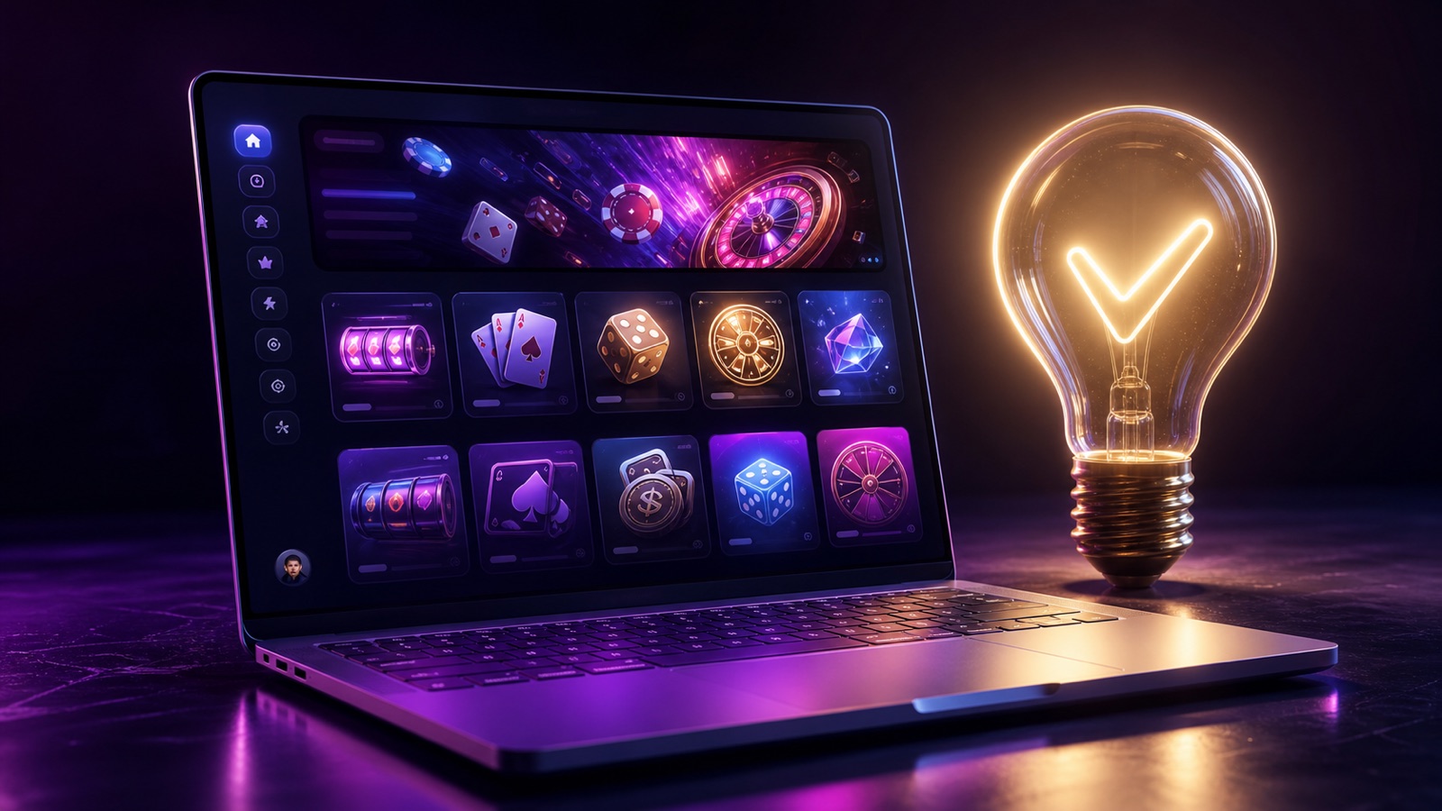 A laptop displaying a colorful casino game lobby beside a glowing lightbulb with a check mark.