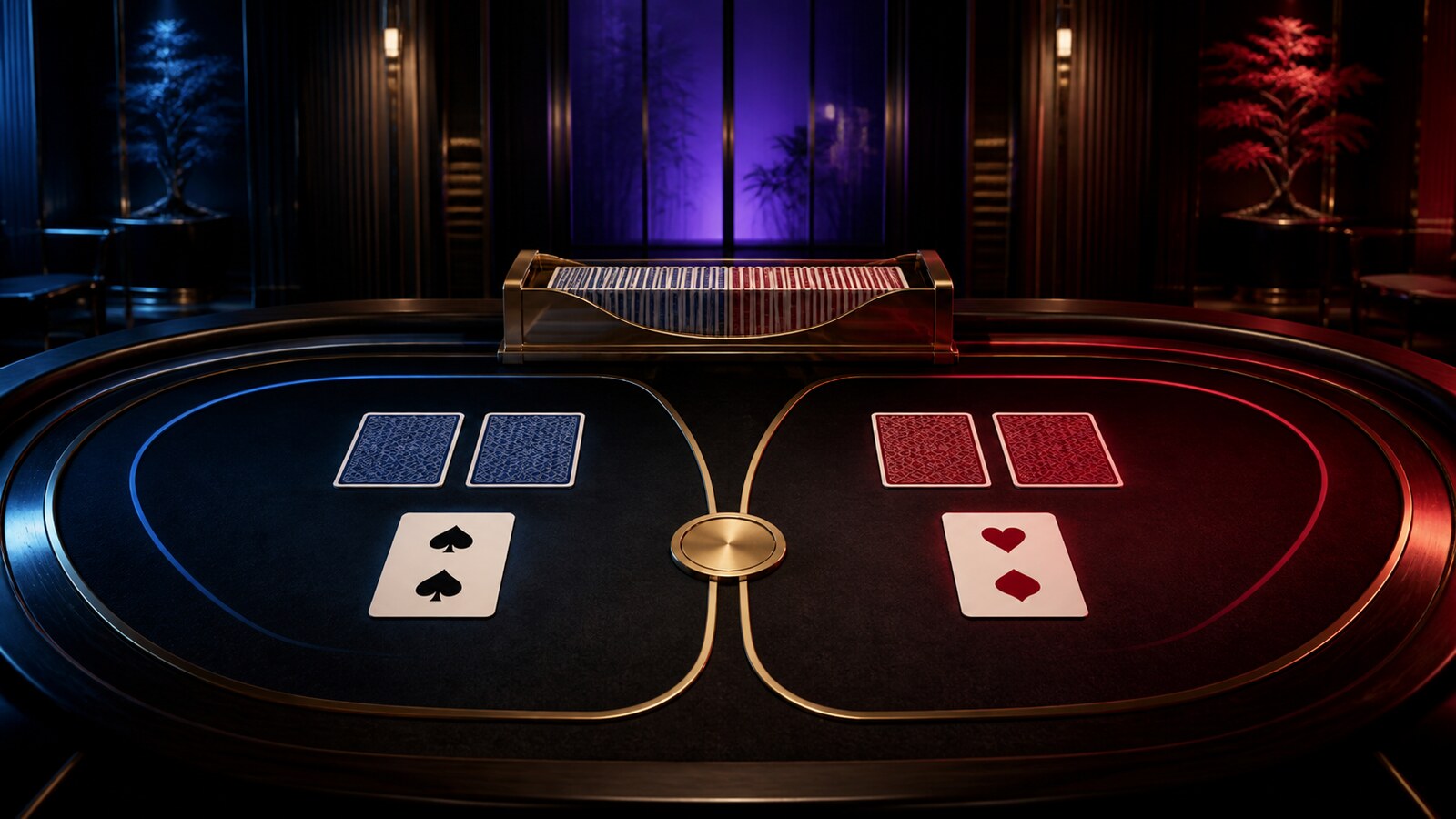 Deux mains de cartes élégantes se font face sur une table de baccarat compacte éclairée en rouge, bleu et or chaud.