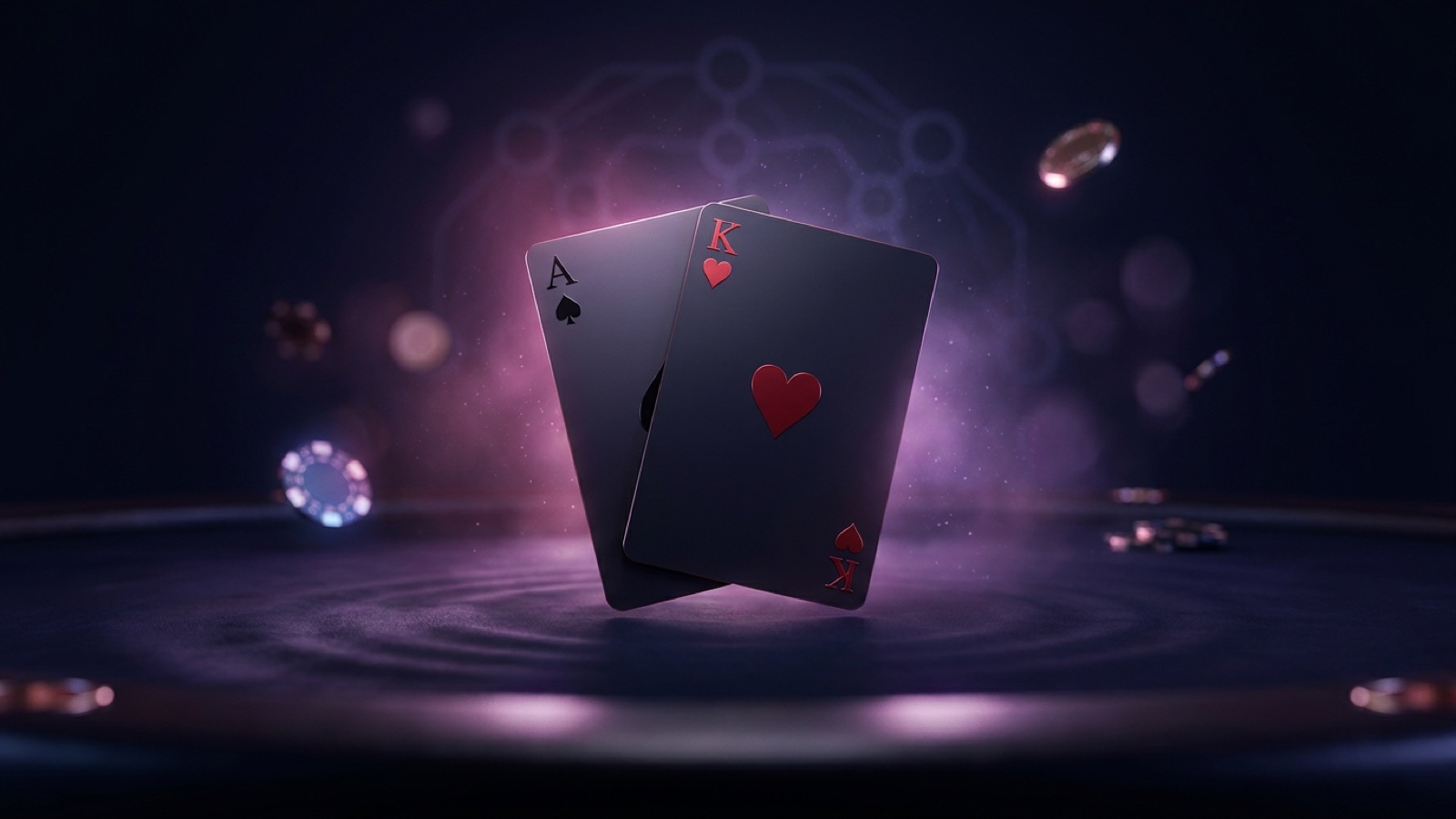 A five of clubs and a four card overlapping on dark felt under soft purple light.