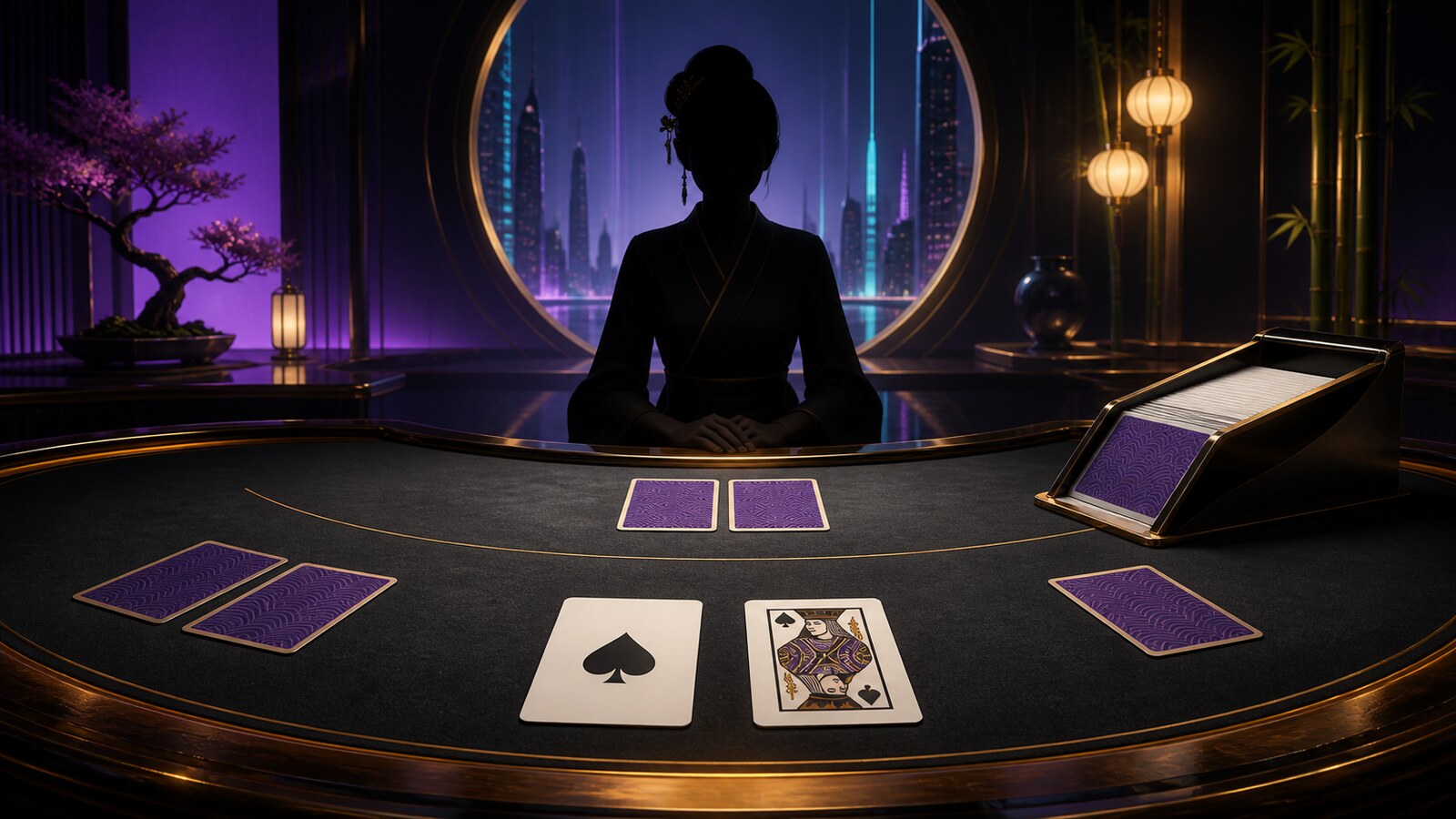 Un croupier animé et élégant est assis derrière une table de blackjack 3D sombre avec deux mains de cartes sous une lumière violette et dorée.