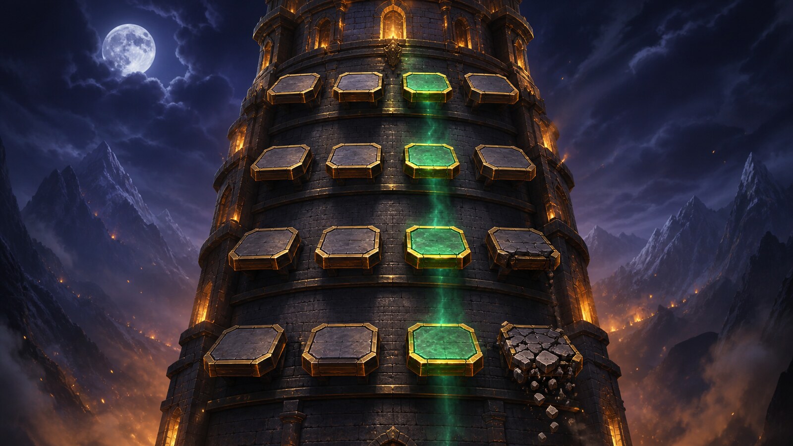 Una torre di pietra illuminata dal fuoco con quattro sporgenze per ogni piano, un percorso fatiscente e una via per scalatori che sale verso la cima.