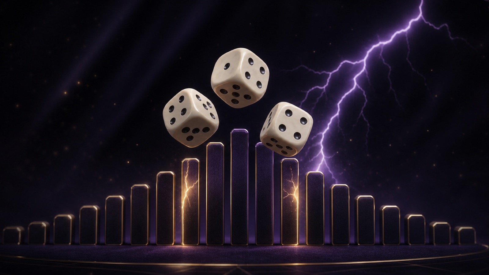 Three ivory dice hang above a dark probability ladder while violet lightning charges two gold-edged rungs.