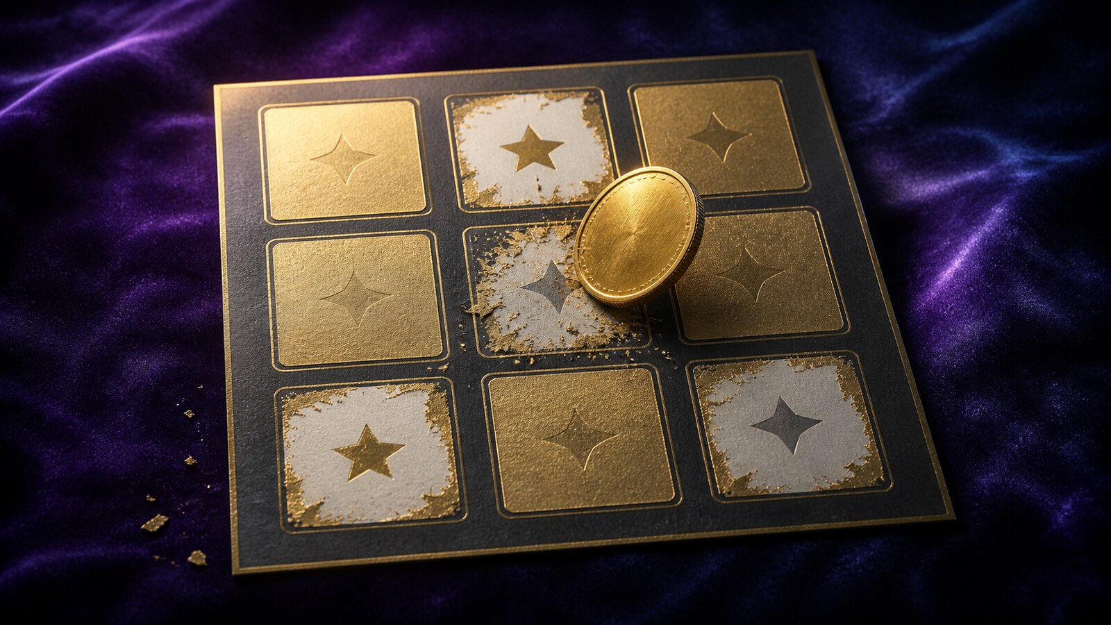 Una moneta d'oro rivela stelle luminose su una carta a nove pannelli pulita su un tavolo di vetro scuro.