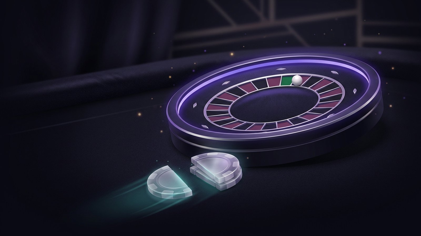 Una compatta roulette a tredici tasche che brilla di viola, la pallina che si ferma sullo zero verde mentre metà di una pila di fiches scivola indietro verso il giocatore.