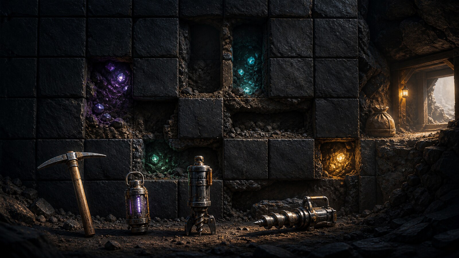 Una parete di miniera sezionata rivela strati di roccia, vene di minerale luminose, quattro strumenti da miniera e un sacco di minerale sicuro.