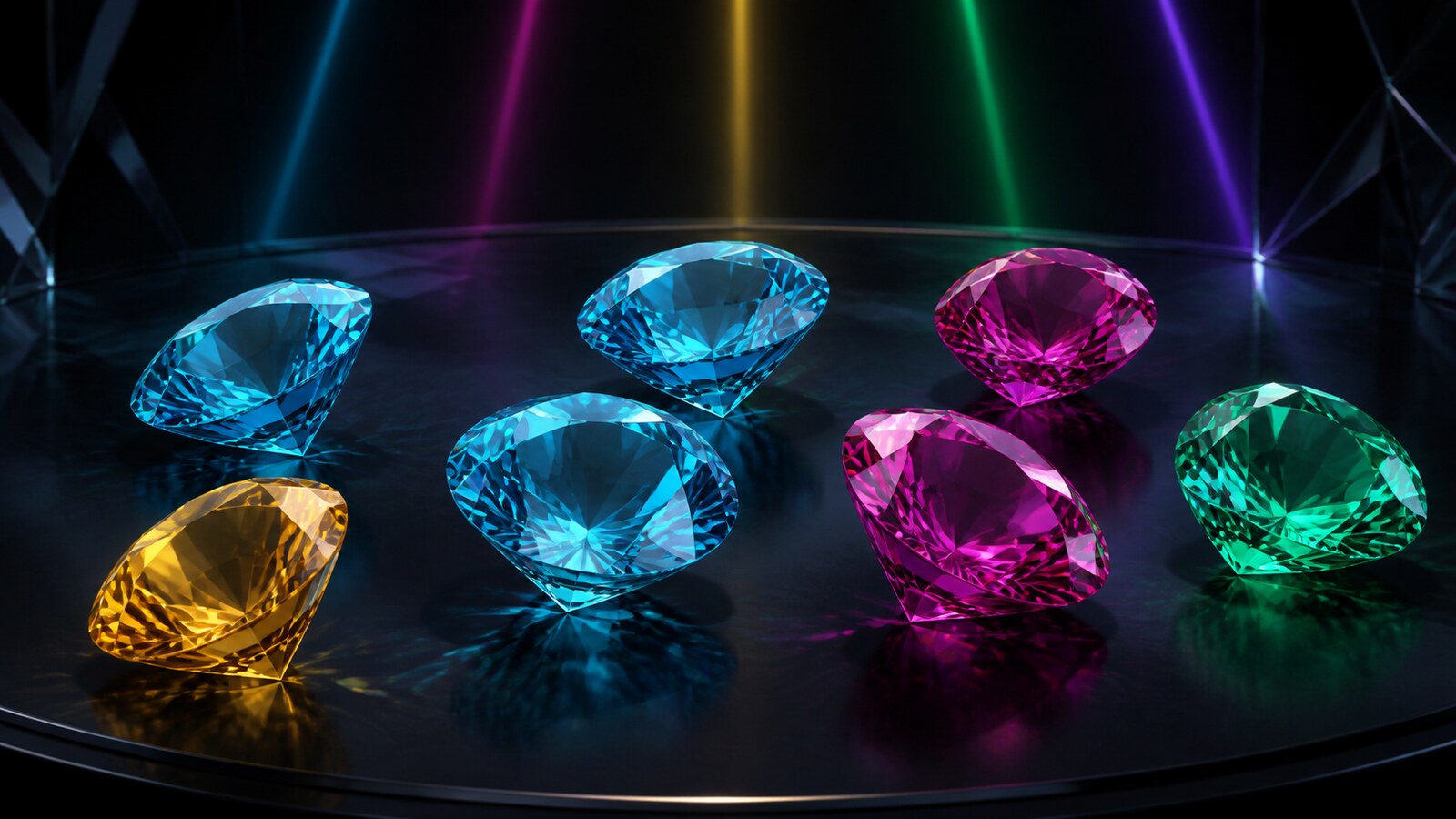 Sete gemas luminosas em cinco cores se agrupam em um único grupo destacado que combina sobre uma mesa prismática escura.