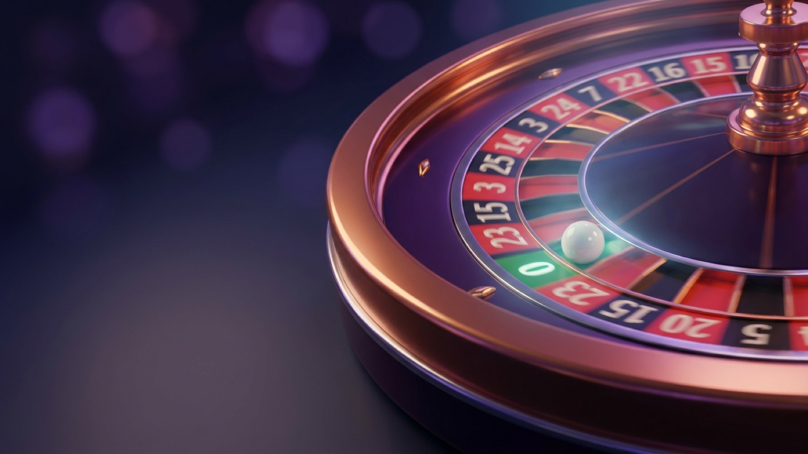 A roulette wheel with a white ball resting in a green pocket, rendered in purple light.