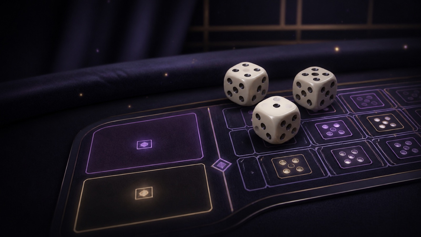 Three ivory dice rest on a dark violet Sic Bo table with broad markets on the left and six single-face boxes on the right.