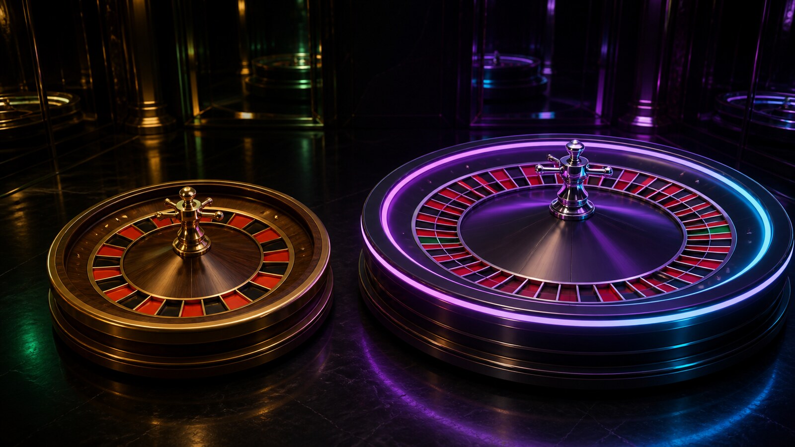 Una compatta ruota in ottone a tredici tasche si trova accanto a una roulette al neon a singolo zero completa, in una sala buia con specchi.