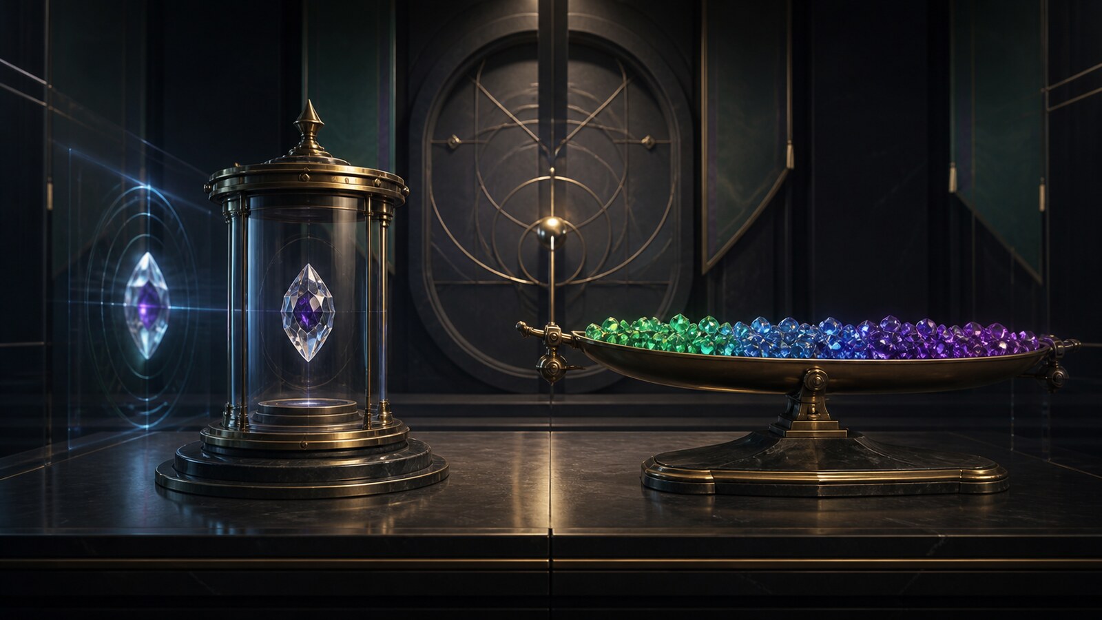 Un registro dei risultati sigillato in cristallo si trova accanto a un equilibrio di distribuzione a lungo termine ottenuto da molti risultati verdi e viola.