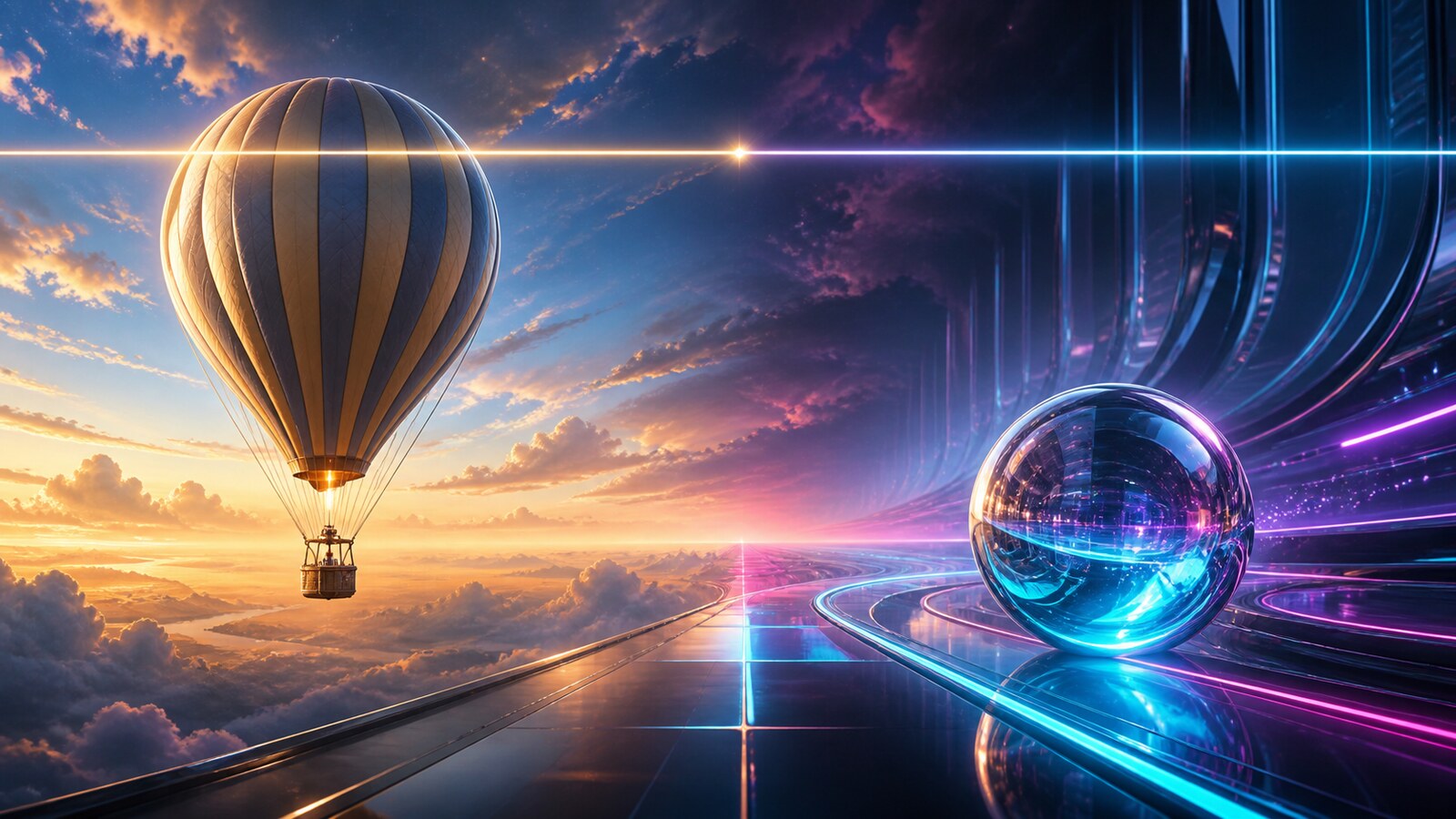Un palloncino da fiaba e una sfera al neon si alzano verso linee di bersagli luminose separate in un'arena di limbo divisa.