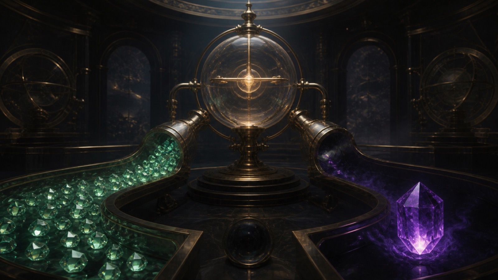 Un mecanismo de cristal calibrado separa muchas gemas verdes pequeñas de un único cristal morado grande y poco frecuente.