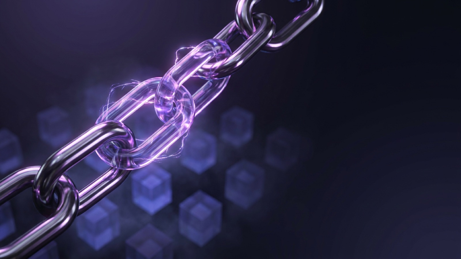 Interlocking luminous chain links over a dark grid, representing a blockchain ledger.