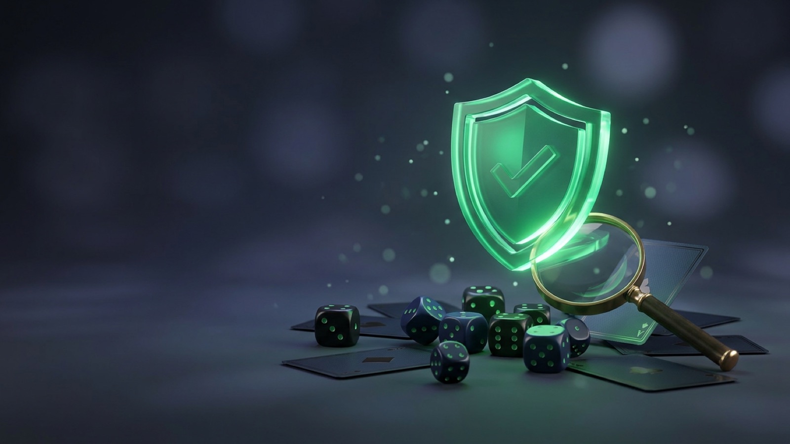 A glowing green verification shield over casino dice and cards, representing provably fair gaming.